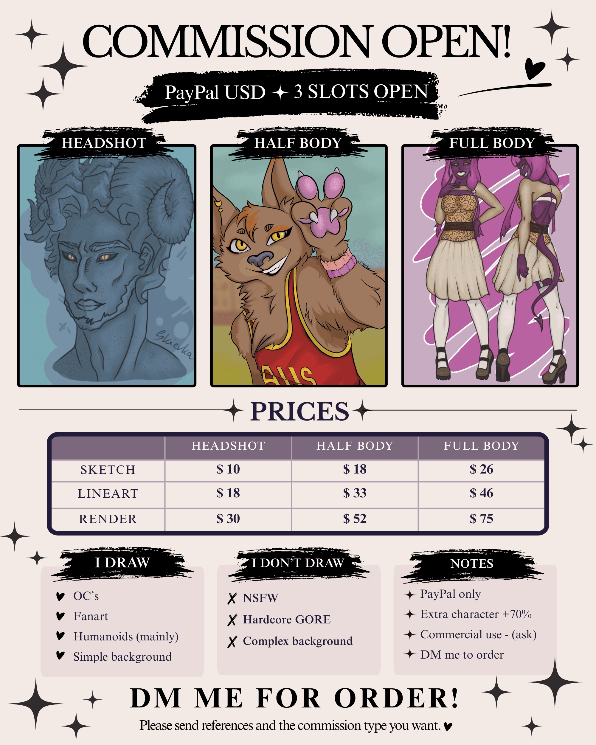 Skierka commission sheet with prices, options and commission information
